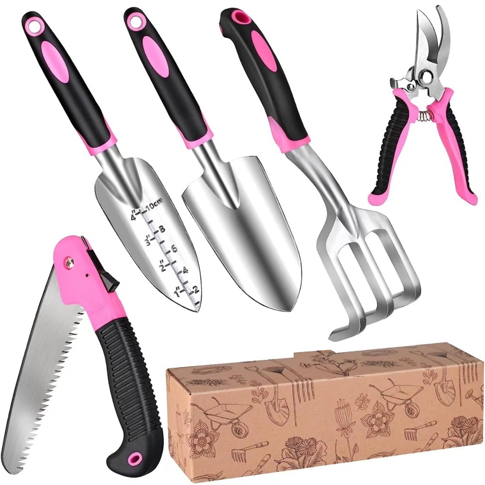 5pcs Gardening Tools, Heavy Duty Gardening Tool Set for Gardener, Pink Garden